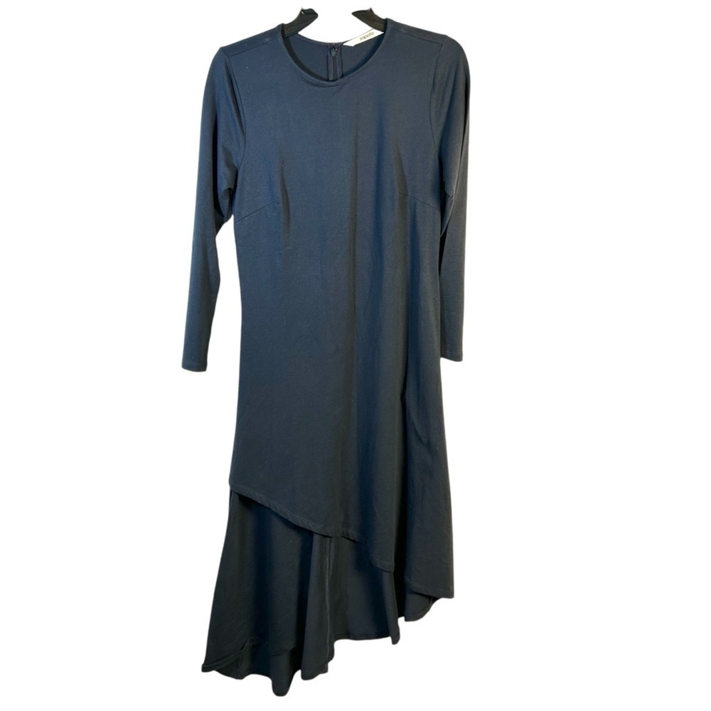 Zappelle Dress Womens M 8 Blue Asymmetric Midi Pockets Zip Back Cotton Stretch